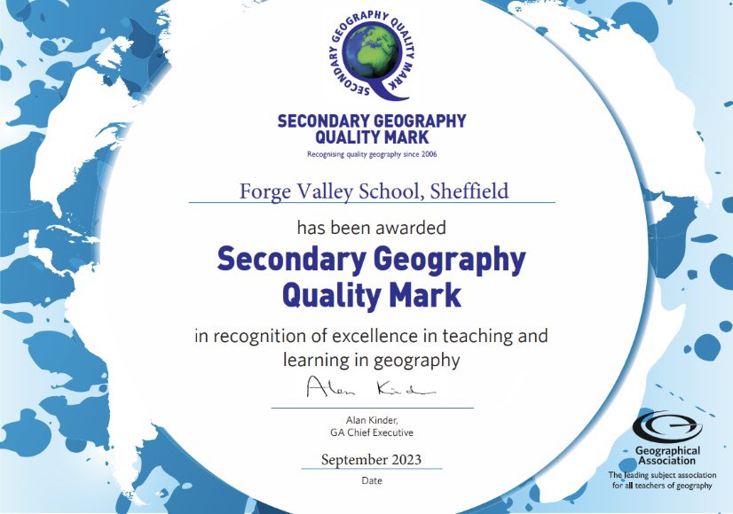 FvsGeography's tweet image. We are delighted to share that we have been awarded the Secondary Geography Quality Mark by the @The_GA for the second time! 🏆🌏  Such an amazing testimony to our enthusiastic department and excellent students 😃 @ForgeValley