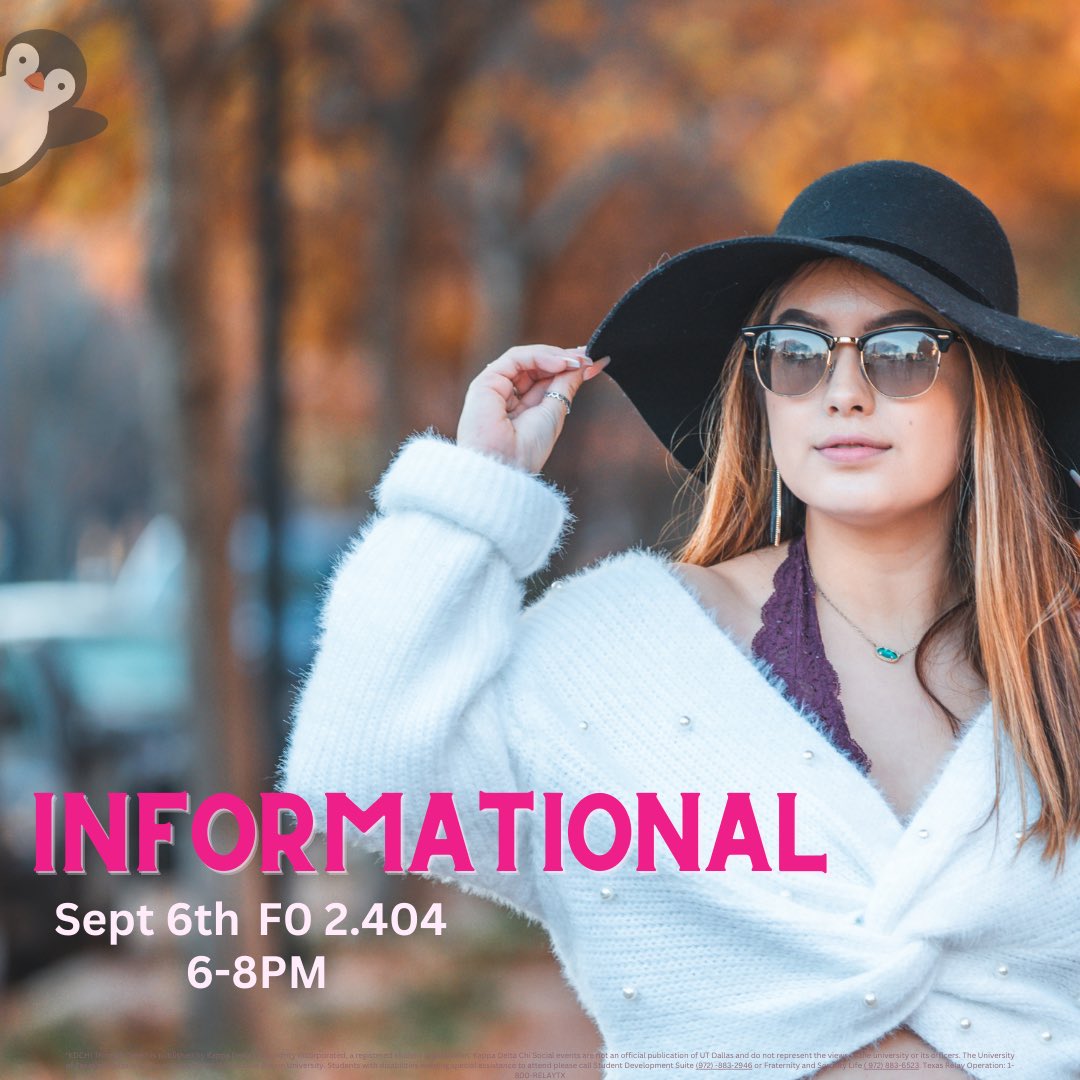 UTDKDChi's tweet photo. — 💋 SISTERHOOD INFORMATIONAL 💋 —
Come learn all about Kappa Delta Chi and what being a part of our sisterhood entails. TONIGHT 6-8 pm ♡ Join us at our second to last rush event of the semester!! 

Location: FO 2.404 

♡ INTEREST FORM IN OUR BIO • QUESTIONS? DM US ♡ https://t.co/O4KgWbzk7g