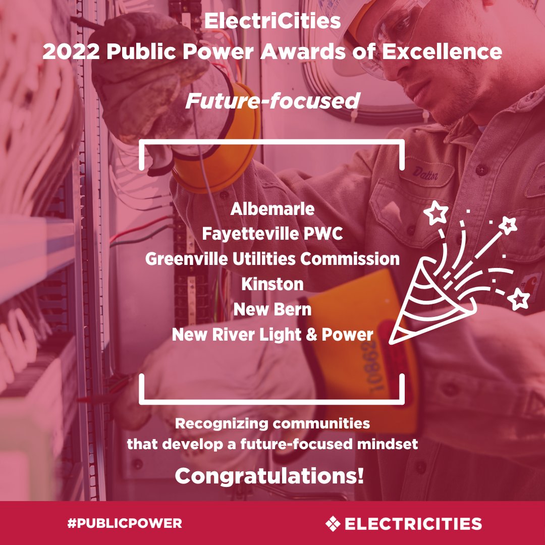 ElectriCitiesNC's tweet photo. Congratulations to our #PublicPower member communities who were presented with Public Power Awards of Excellence at #ECAC23! 🎉
This year’s Future-focused award winners are: @CityAlbemarleNC, @FAYPWC, @GUC_Info, @KinstonPublServ, #NewBernNC, and @New_River_LP https://t.co/dbrb89jKWS