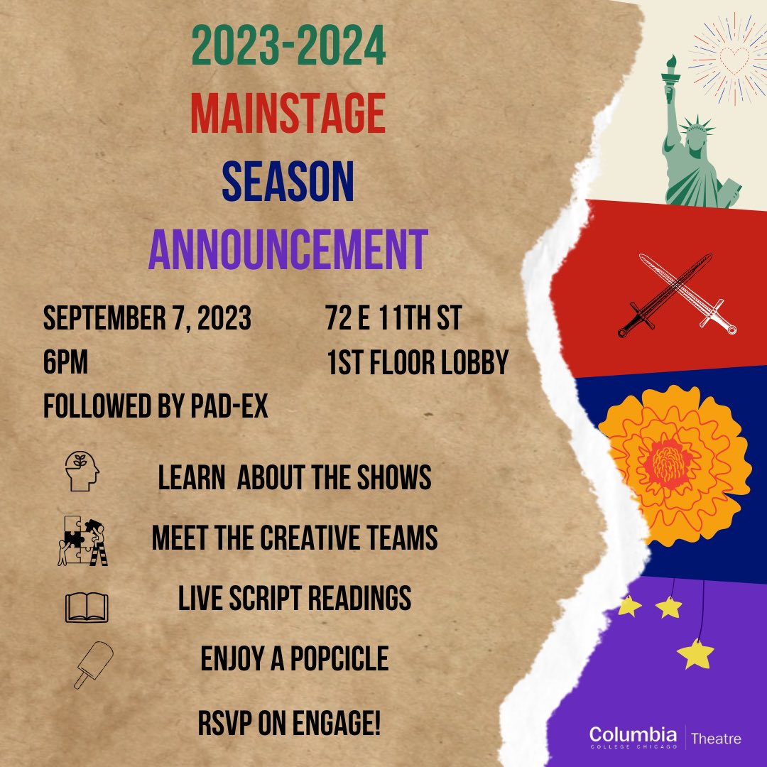 The 2023-2024 Mainstage Season Announcement is TOMORROW at 6pm!!! Come to the 1st floor lobby of the theatre building for celebration, information and popsicles!!!