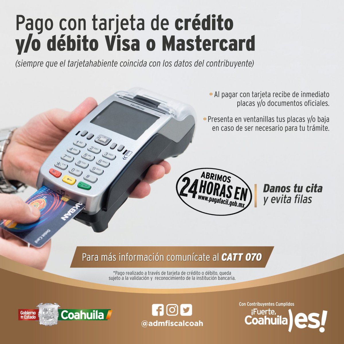 ¡Contamos con terminal punto de venta para que realices tu pago! 

Recuerda que puedes realizar tu pago con tarjeta de crédito o débito en las Administraciones Locales de Recaudación.

Contamos con Asesoría Fiscal llamando al 070 y en Whatsapp al 8445394345