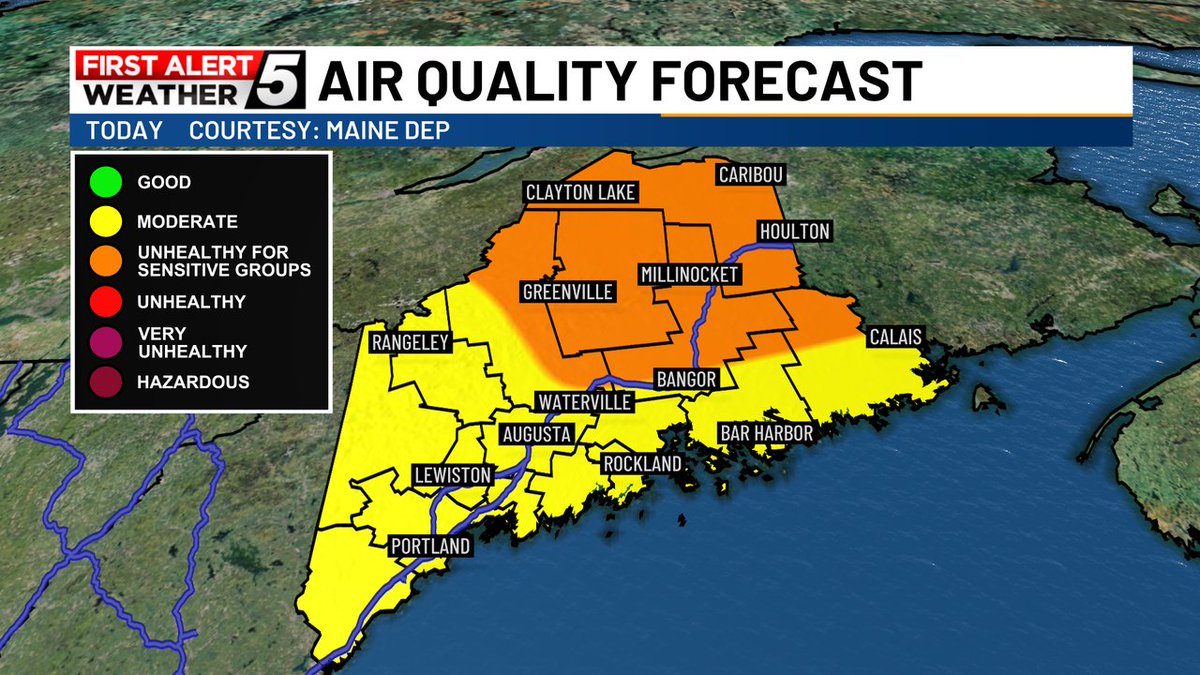 Wildfire smoke has been a bit denser than expected so the Maine DEP lowered air quality to the "Unhealthy for Sensitive Groups" category for northern areas. If you have heart or lung issues, consider taking it easy today. #firstalert #mewx