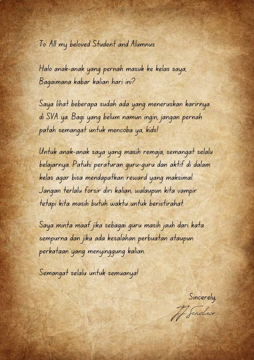 Sir_JJSinclair's tweet photo. JJ meletakan surat di kotak khusus surat yang ada di setiap asrama dan berharap seluruh peserta didiknya bisa membaca surat yang ia tulis dengan sepenuh hati. “Sampaikan ke penghuninya ya, gembuls.”

Perjalanan panjang JJ di SVA pun resmi berakhir. https://t.co/1jHN8Km6Nk
