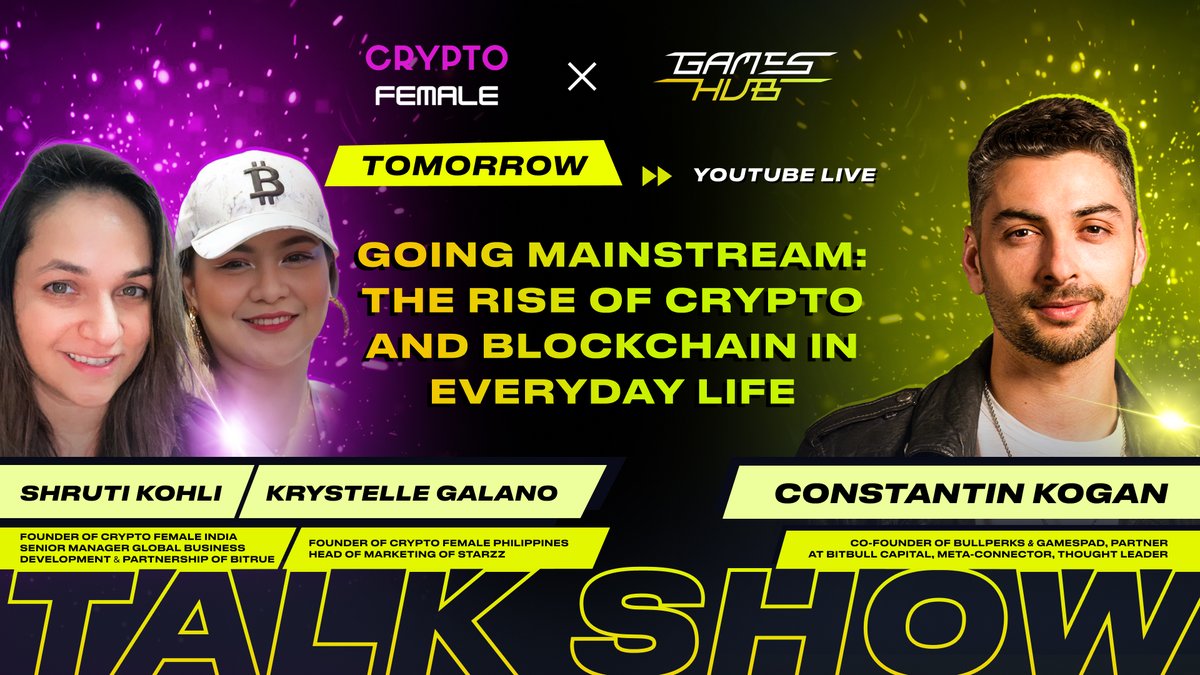 gamespad_vc's tweet photo. ๐คฉ It's time to get ready for the next episode of the most anticipated crypto talk show - #GamesHUB.
We have two incredible guests this week! ๐บ
๐ด @shrutik57785716 - Founder of @cryptofemale_ India | Senior Manager Global Business Development & Partnership of @BitrueOfficial
๐ด @krystellegalano - Founder of Crypto Female Philippines | Head of Marketing of @StarzzToken
Host: @constkogan โ ๐พ #GamesPad & ๐ @bullperks Co-Founder, Partner at @BitBullCapital
Topic: ๐ Going Mainstream: The Rise of #Crypto and #Blockchain in Everyday Life
๐ญ Get your questions ready for tomorrow. Weโll answer them during the stream!
โก๏ธ Join us at 4 PM UTC&GMT / 12 PM EST, TOMORROW on ๐ YouTube: https://t.co/4J45DtO8kU
