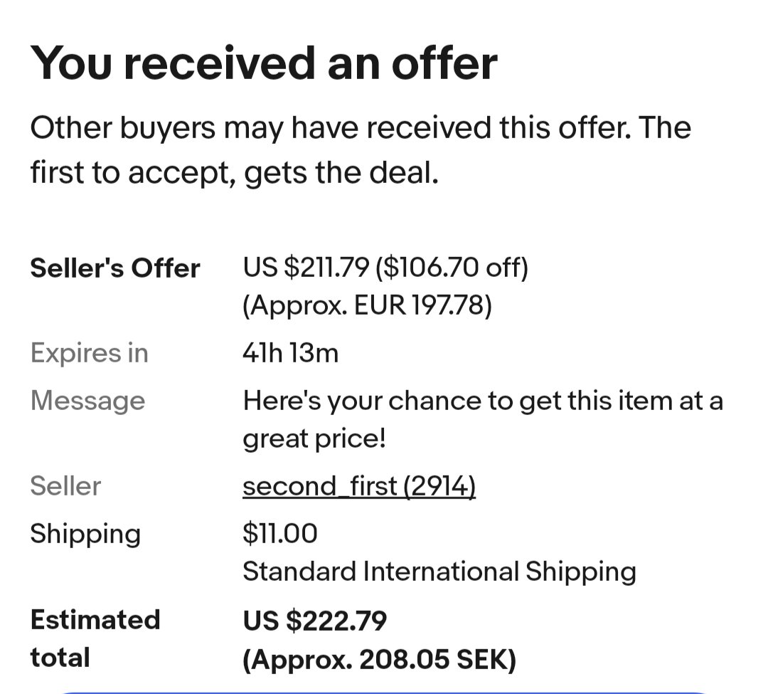 AOForsberg's tweet photo. @eBay when are you going to fix this conversion issue that you've had for ages?

See how the estimated total says 222$   equals approximately 208SEK, that's nowhere near true — you're off by an order of magnitude https://t.co/w2DTDcrqjD