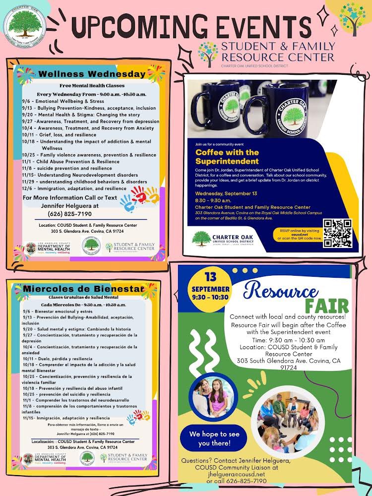 mthompsonator's tweet photo. Please Share! Helpful opportunities and resources for our students and families. 

Parenting Classes, Wellness Wednesday Mental Health Classes and upcoming Resource Fair open to all.

#charteroakunifiedisamazing #unlimited #k12 #mentalhealth #parentingclasses #spirittfamilyservices @spirittfamilyservices #lacdmh @losangelescoe @lacountywdacs @lapublichealth @lacdmh #unlockunlimitedpotential #communityschools @lacommunityschools @lasenoradirectora @cousd_student_services_