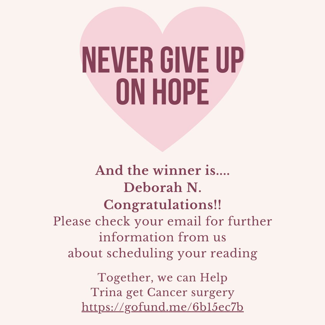 mediumkelley's tweet photo. Congratulations to our winner Debrah N!
You can continue to Donate Here to help Trina and her Family with her Recovery Journey: https://t.co/knD5pYLwBE
.
#cancersucks #nevergiveup #cancerfundraiser #fuckcancer #spiritual #communitygrows #strongertogether https://t.co/k2Vrp2ux8J