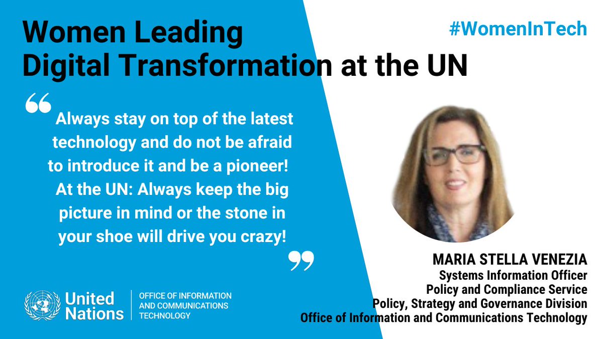 Maria Stella Venezia's favorite project as a Systems Information Officer for <a href="/UN_OICT/">UN OICT</a> was when her office replaced the old code cable system that all of the peacekeeping missions used! 

Learn more about Maria and other #WomenInTech today: unite.un.org/WomenInTech-UN…