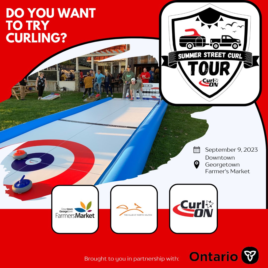 GeorgetownFM's tweet image. The CurlON Summer Street Tour is visiting the Georgetown Farmers Market this weekend! Give curling a try in the Church Street Parking Lot at the Farmers Market this weekend! Special thanks to the Club at North Halton and CurlON for making this possible 🥌😀