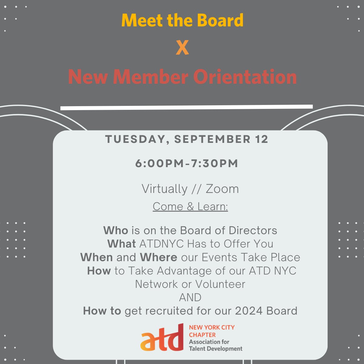 That's right. It's time for Meet the Board &amp; for New Member Orientation! These events will be merged for the month of September!
The board even so kindly pre-structured an email to convince your manager to factor this membership into the budget 🙂 atdnyc.org/join-us
#atd