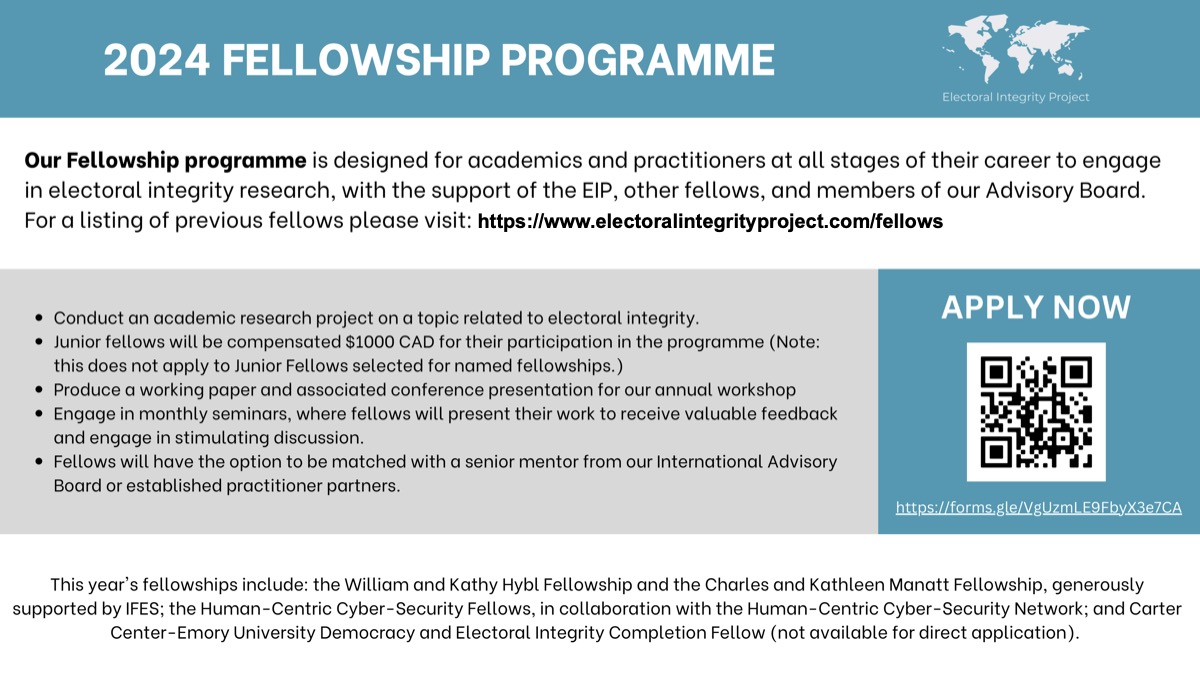Our fellowship applications are open! Join a group of scholars interested in pursuing their own project on electoral integrity – make connections, get feedback, learn about cutting-edge research.

Apply here: electoralintegrityproject.com/fellows

Applications close October 30th.