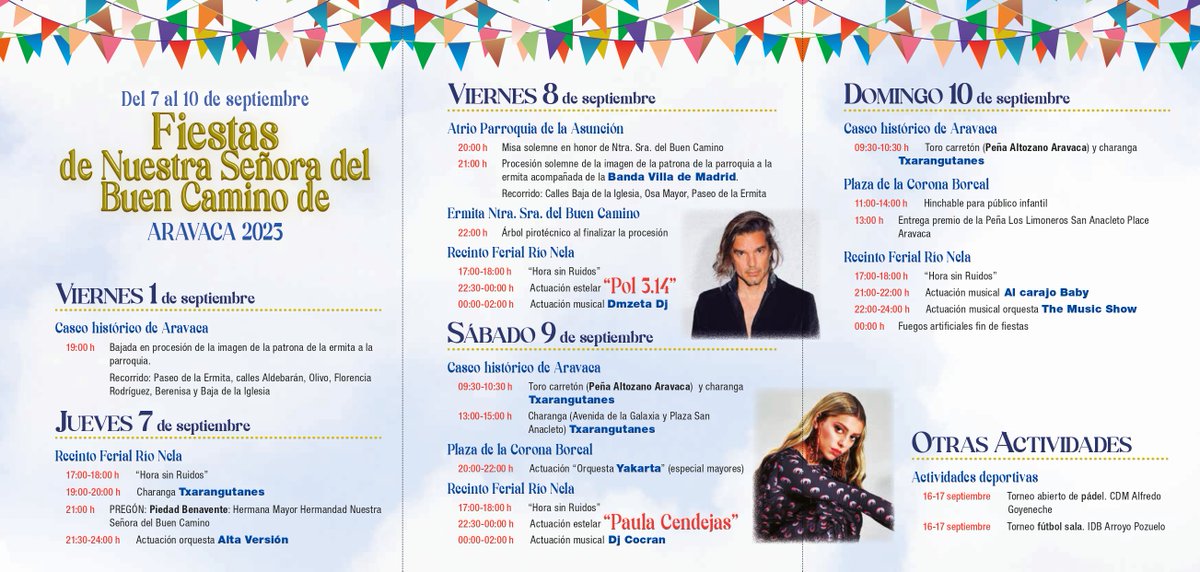 Mañana empiezan las fiestas de Aravaca 🎊🎉🎊🎉

Por el escenario del recinto ferial del Río Nela actuarán <a href="/Pol314oficial/">Pol314</a> <a href="/PaulaCendejas/">la cendejas</a> 

👉informate.madrid.es/6wmbh1