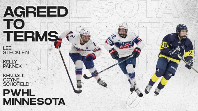 Graphic announcing 3 players that agreed to terms with Minnesota. Lee Stecklein on the left in a white jersey, Kelly Pannek in the center in a white jersey, and Kendall Coyne Schofield on the right in navy blue.
