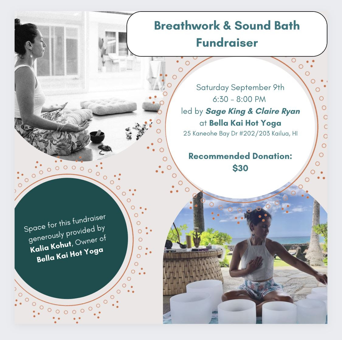 aikahipark's tweet image. Bella Kai Hot Yoga will be hosting a Breathwork &amp;amp; Crystal Bowl Sound Bath Event on Saturday, 9/9, from 6:30 to 8pm with 100% of the proceeds from the event going to help Maui!

#hotyoga #aikahi #mauistrong