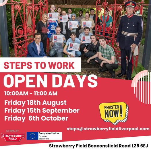 strawberryfield's tweet photo. We are recruiting new trainees to join our #StepstoWork programme in October. You can find out more at our next open day  on 15th September. If you would like to book your place, contact Steps@strawberryfieldliverpool.com

#GatesOpenForGood #Employability #SalvationArmy https://t.co/BBFIEUi1vV