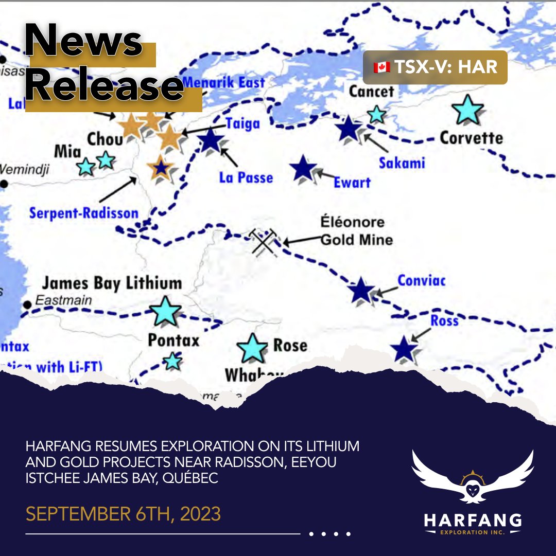 News Release - September 6, 2023

We are pleased to announce that we’ve resumed exploration on our lithium &amp; gold projects near Radisson, Eeyou Istchee James Bay, Québec.

You can find the full news release here:
harfangexploration.com/en/harfang-res…
