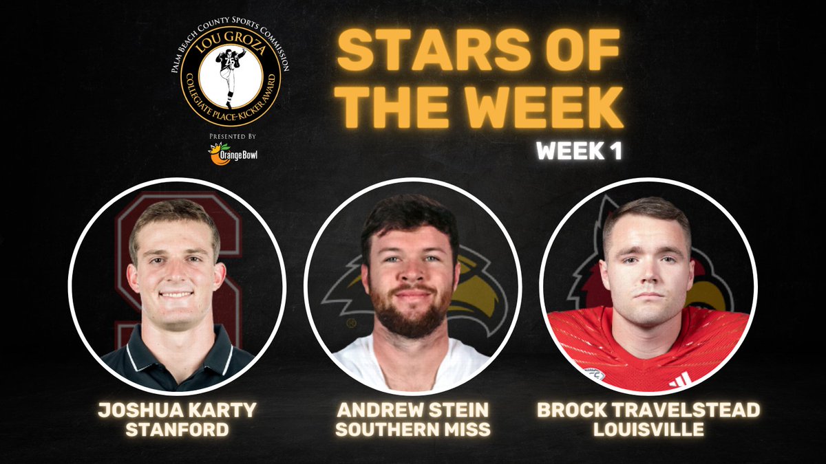 Lou Groza Award (@lougrozaaward) on Twitter photo The first Lou Groza Award Stars of the Week are here!
โญ๏ธ <a href="/StanfordFball/">Stanford Football</a>'s <a href="/JoshuaKarty/">Joshua Karty</a>
โญ๏ธ <a href="/SouthernMissFB/">Southern Miss Football</a>'s <a href="/astein8/">Andrew Stein</a>
โญ๏ธ <a href="/LouisvilleFB/">Louisville Football</a>'s <a href="/KP12Travelstead/">Brock Travelstead</a>
Read the full release here: lougrozaaward.com/23SOTW1 The first Lou Groza Award Stars of the Week are here!
โญ๏ธ <a href="/StanfordFball/">Stanford Football</a>'s <a href="/JoshuaKarty/">Joshua Karty</a>
โญ๏ธ <a href="/SouthernMissFB/">Southern Miss Football</a>'s <a href="/astein8/">Andrew Stein</a>
โญ๏ธ <a href="/LouisvilleFB/">Louisville Football</a>'s <a href="/KP12Travelstead/">Brock Travelstead</a>
Read the full release here: lougrozaaward.com/23SOTW1