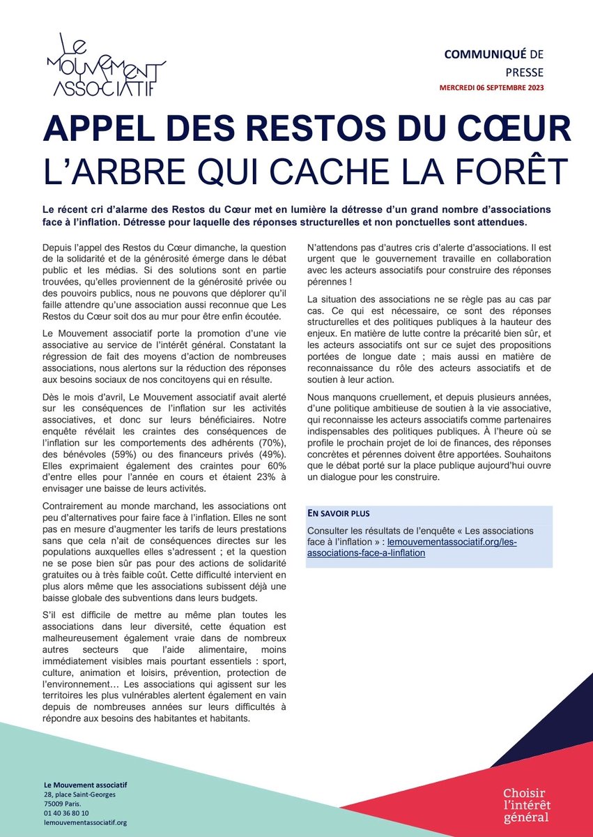 lemouvementasso's tweet photo. 🚩Notre #communiquédepresse suite à l'appel des #RestosduCœur

▶️ Le cri d’alarme des @restosducoeur met en lumière la détresse des #associations face à l’#inflation. Détresse pour laquelle des réponses structurelles et non ponctuelles sont attendues ◀️

➡️https://t.co/elvo1SdnzH https://t.co/6FJybHfORf