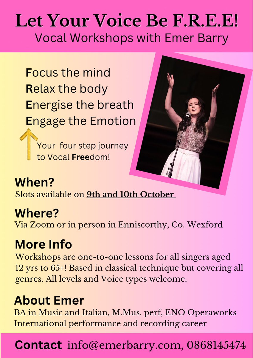 I’m opening up some slots to work with me on vocal and performance technique! Very limited availability, see below. Email to book in! info@emerbarry.com