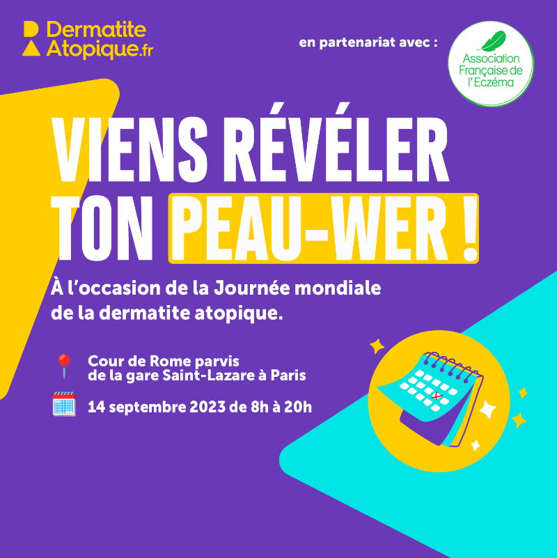 SanofiFR's tweet photo. [#News] Rendez-vous le mercredi 14 septembre sur la Cour de Rome du parvis de la gare Saint-Lazare 🚉 à #Paris pour la Journée mondiale de la Dermatite atopique ! 

Venez révéler votre #Peauwer 🙌

@asso_eczema
#WorldADDay
#ChangeAD
#Maintenantjagis