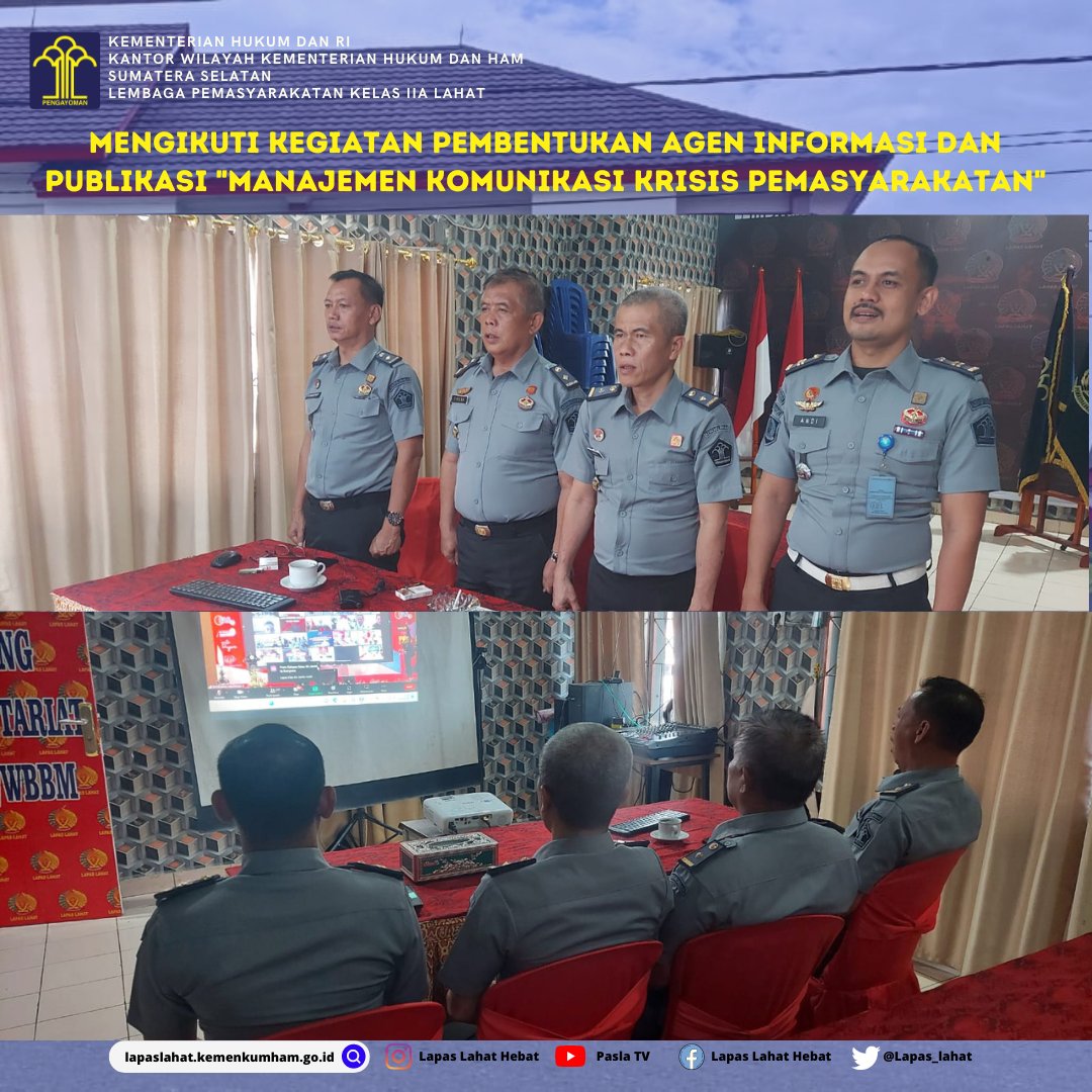 Lapas_Lahat's tweet photo. Lembaga Pemasyarakatan Kelas IIA Lahat mengikuti kegiatan Pembentukan Agen Informasi dan Publikasi "Manajemen Komunikasi Krisis Pemasyarakatan", 
@Kemenkumham_RI 
@kumham_sumsel 
@Lapas_Lahat 
@Lapas_Lahat 
#lapaslahat https://t.co/WmAfaPSE94