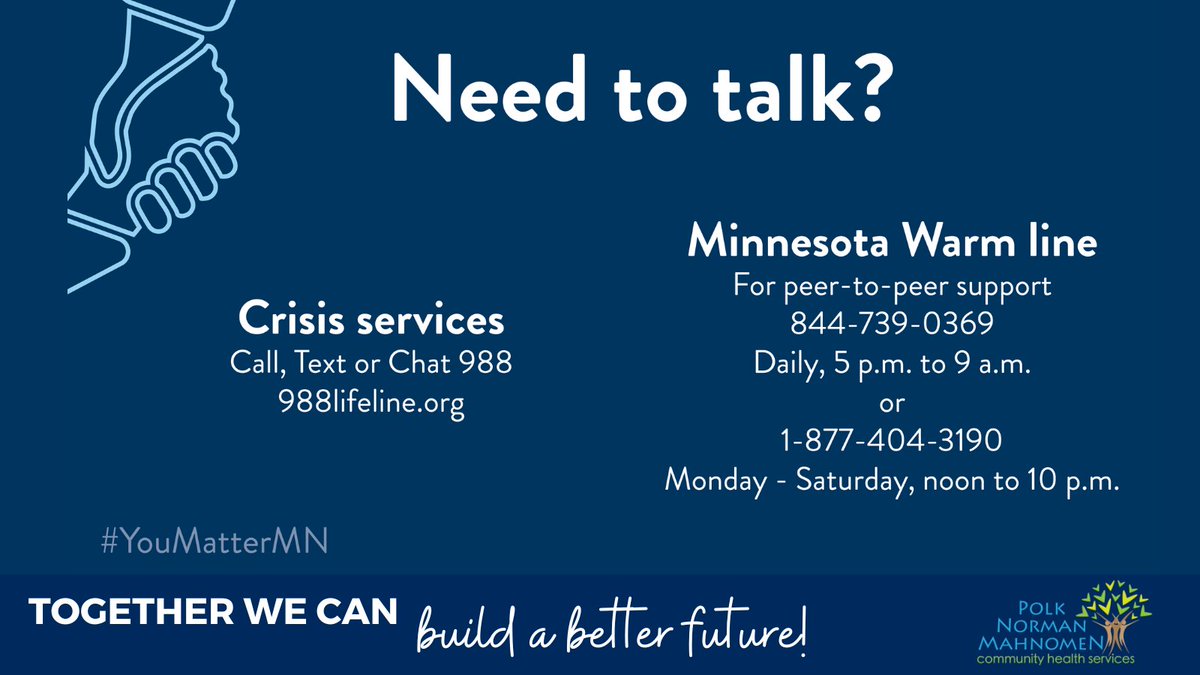 Warm lines and peer support can be valuable for those who are managing stress. You do not need to be in immediate crisis to call the warm line.

#YouMatterMN #TogetherWeCan #PNMBeWell #SuicidePreventionMonth