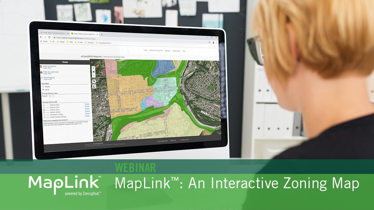 generalcode's tweet image. Make it easier for your community to develop and grow with simple access to your zoning code details in an interactive map. Find out how - attend our next MapLink™ webinar: bit.ly/3yYygU9

#webinar #MapLink #zoning #development #growth #localgov #municipal #digitalgov