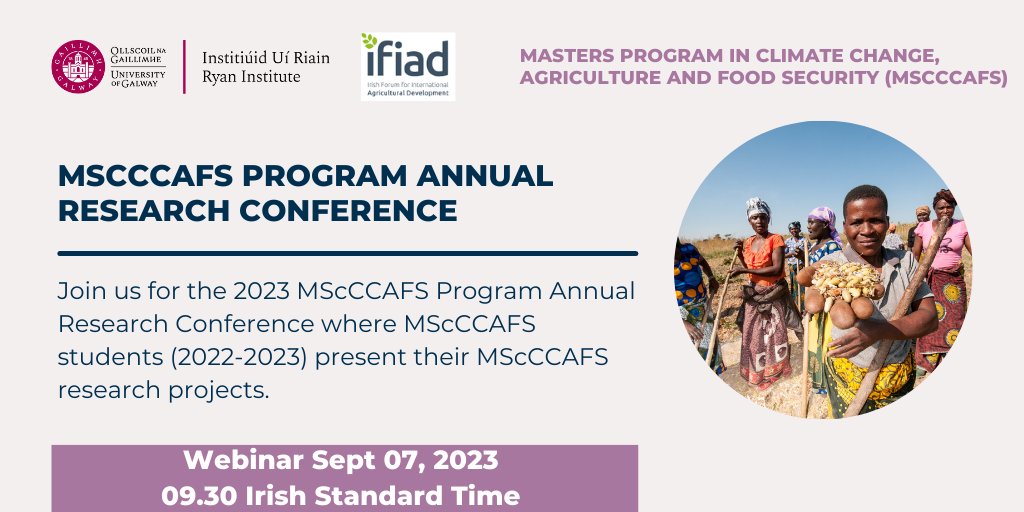 RyanInstitute's tweet image. Towards #Climate #Resilient #AgriFood #Systems

= theme for @uniofgalway Annual MScCCAFS Conference of MSc program #ClimateChange, #Agriculture &amp;amp; #FoodSecurity (MScCCAFS) where our students present their research projects!

Sept 7 👉09:30 GMT+1 Zoom: bit.ly/45OSrRZ