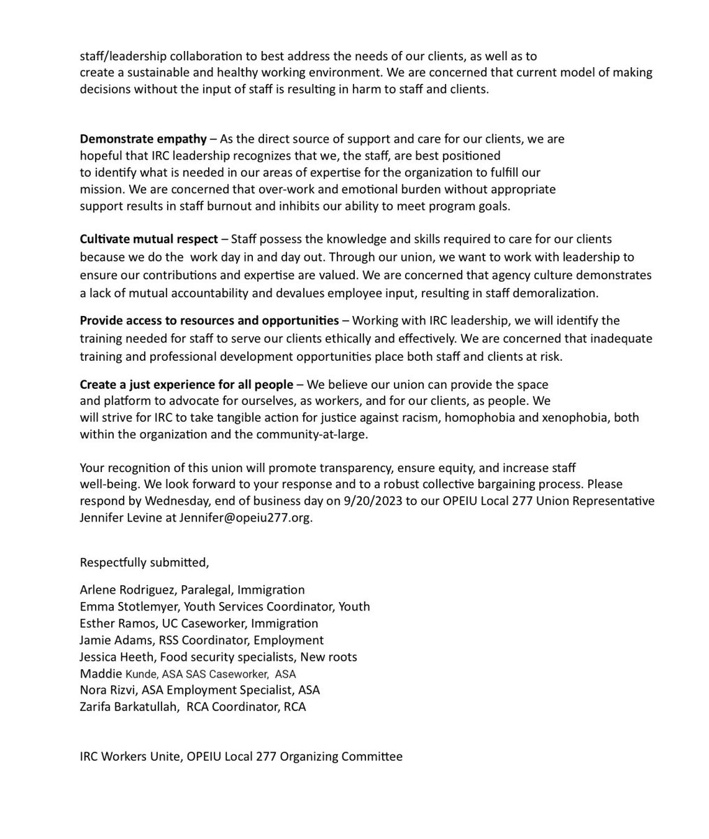 We are the workers of the Dallas office of the International Rescue Committee (IRC) IRC Workers Unite and we have decided to unionize. We are seeking voluntary recognition. Please repost this and amplify our effort! #1u @OPEIU_277