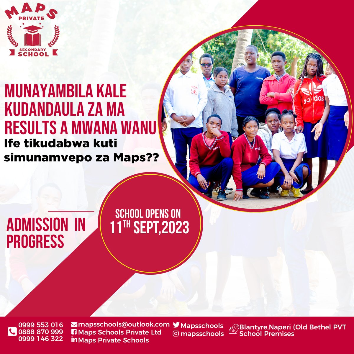 mapsschools's tweet photo. Pena vuto si mwanayo koma Sukulu yomwe mwamupititsa. Mubweretseni mu Maps lero.
Tili ku Blantyre, Naperi pomwe panali Bethel private school. 
Imbani foni pa: +265 999 553 016/ +265 888 870 999/ +265 999 146 322.
#Mapsschools #secondaryschool #qualityeducation #mappingaexcellence https://t.co/rtuJaH2Yy8