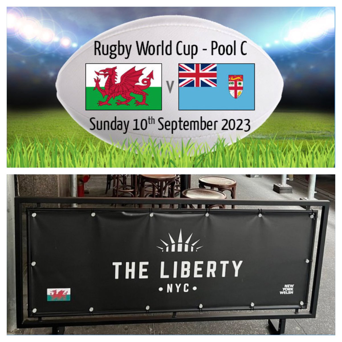 It's almost kickoff time! Wales' first pool match at the Rugby World Cup will be against Fiji at the Stade de Bordeaux this Sunday 10th September. Watch the game live at @TheLibertyNYC at 3pm EST with other Welsh supporters and don’t forget to wear your brightest red! 🗽🏴󠁧󠁢󠁷󠁬󠁳󠁿