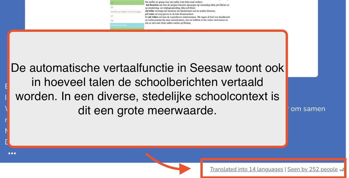 Reaching all learners &amp; all parents. The automatic translation feature in <a href="/Seesaw/">Seesaw</a> is such a great tool for parent engagement, even if they don't speak the language. Our newsletter was translated into 14 languages!#ADE2023 #onderwijs #ICT