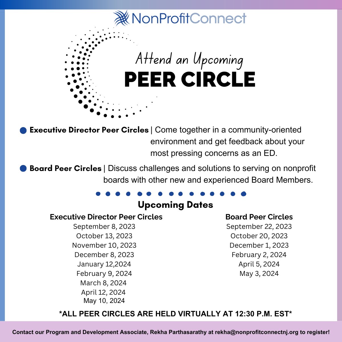 NPConnectNJ's tweet image. Listen up, nonprofit Executive Directors and Board Members of Mercer County: YOU DON'T HAVE TO NAVIGATE THE NONPROFIT INDUSTRY ALONE. Check out the dates for our upcoming Peer Circles below. All Peer Circles meet virtually at 12:30 p.m. EST. Plus, they are at no cost to you.