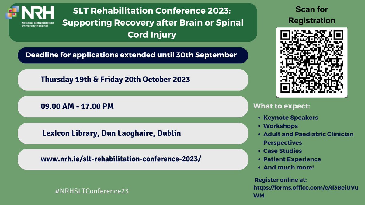 AliiceWhyyte's tweet photo. Thank you for your interest so far in our SLT Conference 🏥 

We’ve a few places left so we’ve extended the deadline until the end of the month 🗓️ 

We’ve planned 2 fantastic days to enhance your skills in SLT rehabilitation! https://t.co/HZiLYvpZcM
