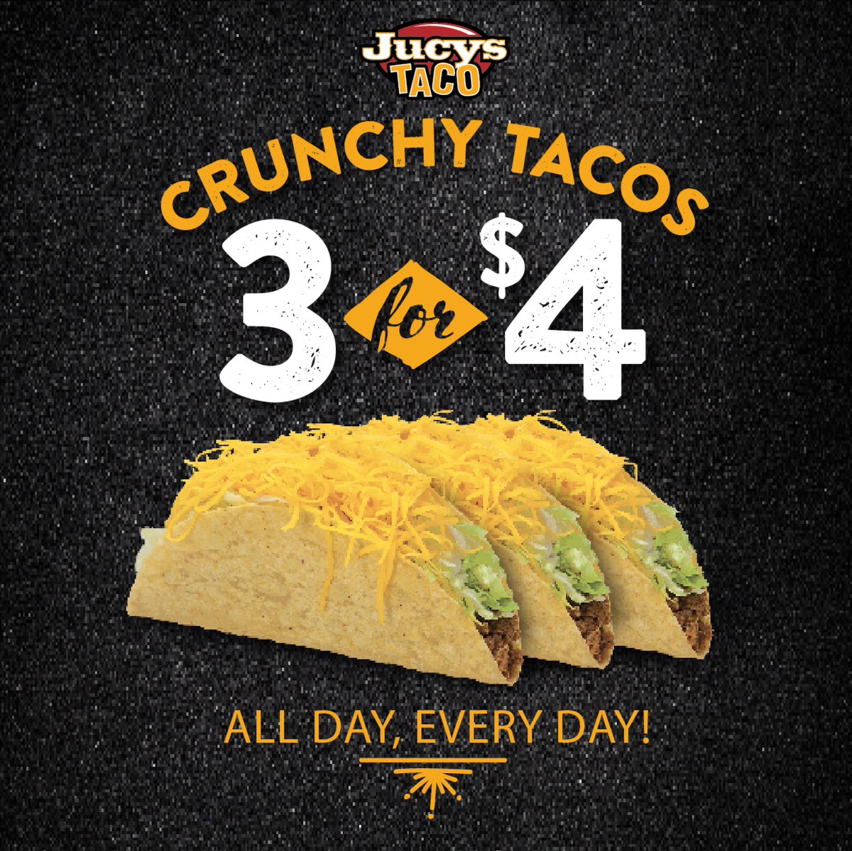 JucysTaco's tweet image. What day is it?! It's #TacoEveryDay at #JucysTaco! – This 3 for $4 Crunchy Tacos deal makes the mid-week hurdle so much easier to jump over! 🌮✨ #JucysTacoEveryday #YouGetaTaco #ExtraordinaryAffair