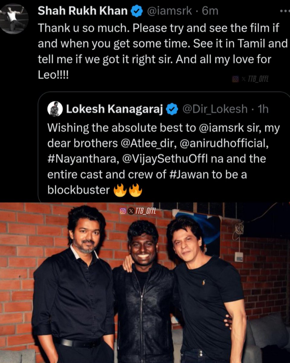 <a href="/iamsrk/">Shah Rukh Khan</a> Best Wishes <a href="/iamsrk/">Shah Rukh Khan</a> Ji❤️💥 

Best wishes to the Team of #JAWAN on Behalf of Thalapathy Fans🙌 #Leo