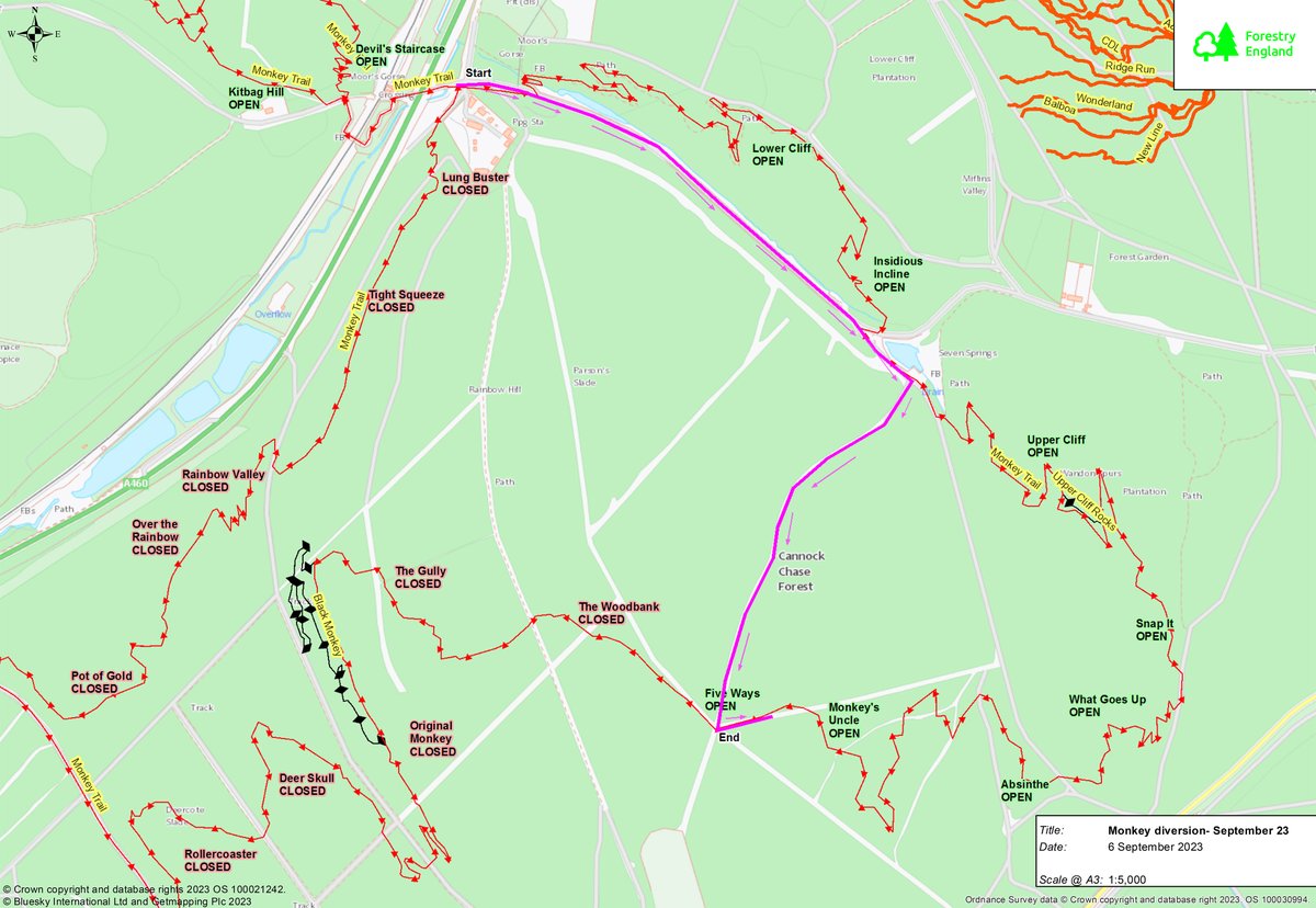 Further harvesting is now taking place on the Monkey Trail and more sections of the trail are now closed.  A signposted diversion is in place. Please do not attempt to ride the closed trails!
(Thanks to <a href="/ForestryEngland/">Forestry England</a> for the photo/diversion map.)