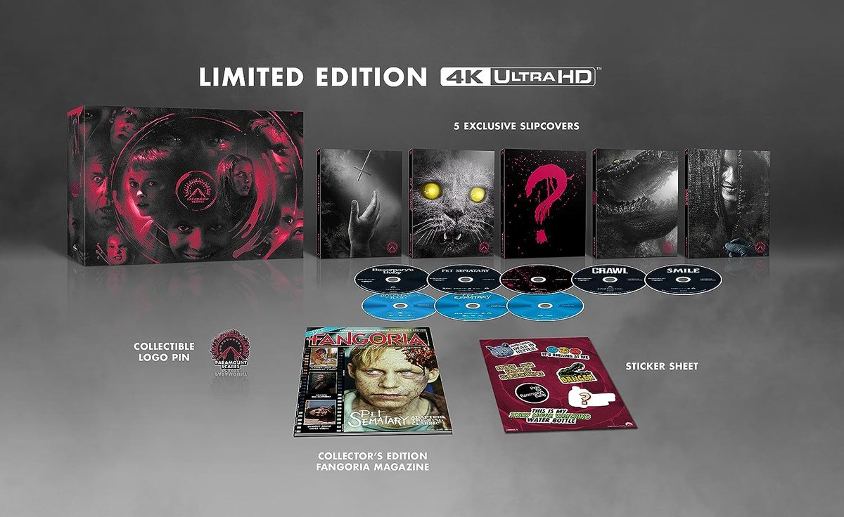 BDisgusting's tweet photo. The Paramount Scares: Volume 1 4K Ultra HD box set will release on October 24. It comes with Pet Sematary (1989), Rosemary's Baby, Smile & Crawl, plus one MYSTERY MOVIE. "The fan-favorite movie makes its 4K Ultra HD debut with the release of this collection."
