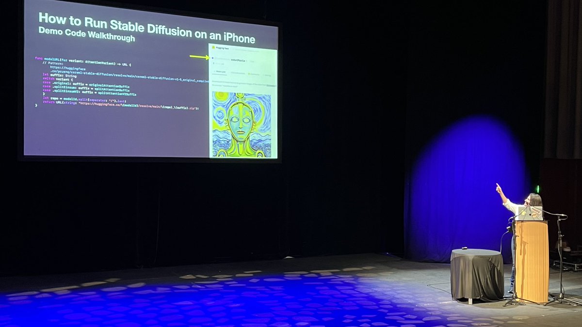 bionik6's tweet photo. @RobRWAPP @natpanferova @thea_lena_36 @AlexKudelka Allison talked about how to build iOS apps that allow users to manipulate and enhance images with Stable Diffusion and CoreML. Yes another awesome topic 👏 https://t.co/Hu7YeqnWmF