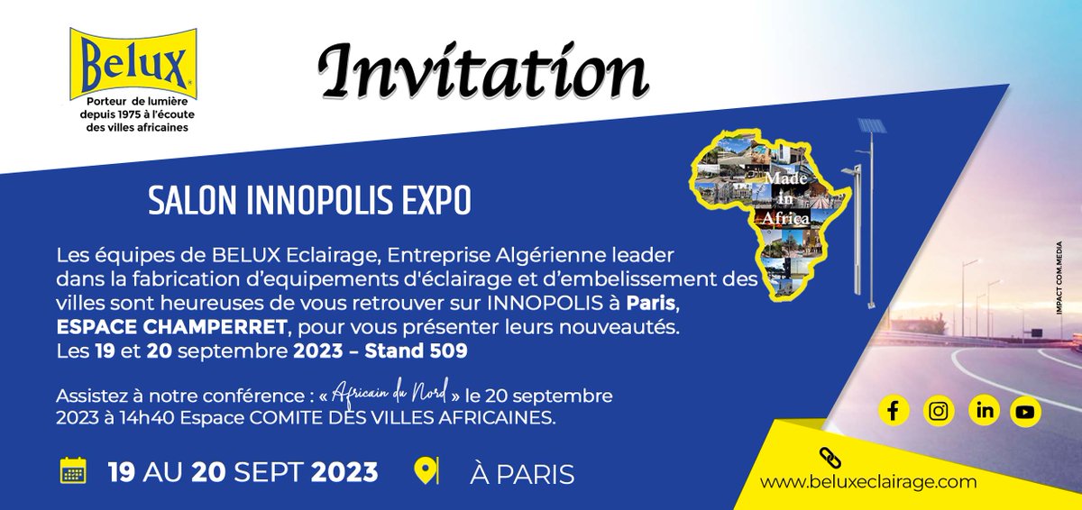 DigitalSahel's tweet photo. A Innopolis, salon leader de la ville durable, ne ratez pas l’occasion de visiter le stand de BELUX !
Rendez-vous les 19 et 20 Septembre prochains à l’‘espace CHAMPERRET à Paris.

#belux
#expo
#paris
#algerie
#niger
#salon
#eclairage
#embelissement https://t.co/gP6GdEZBiL