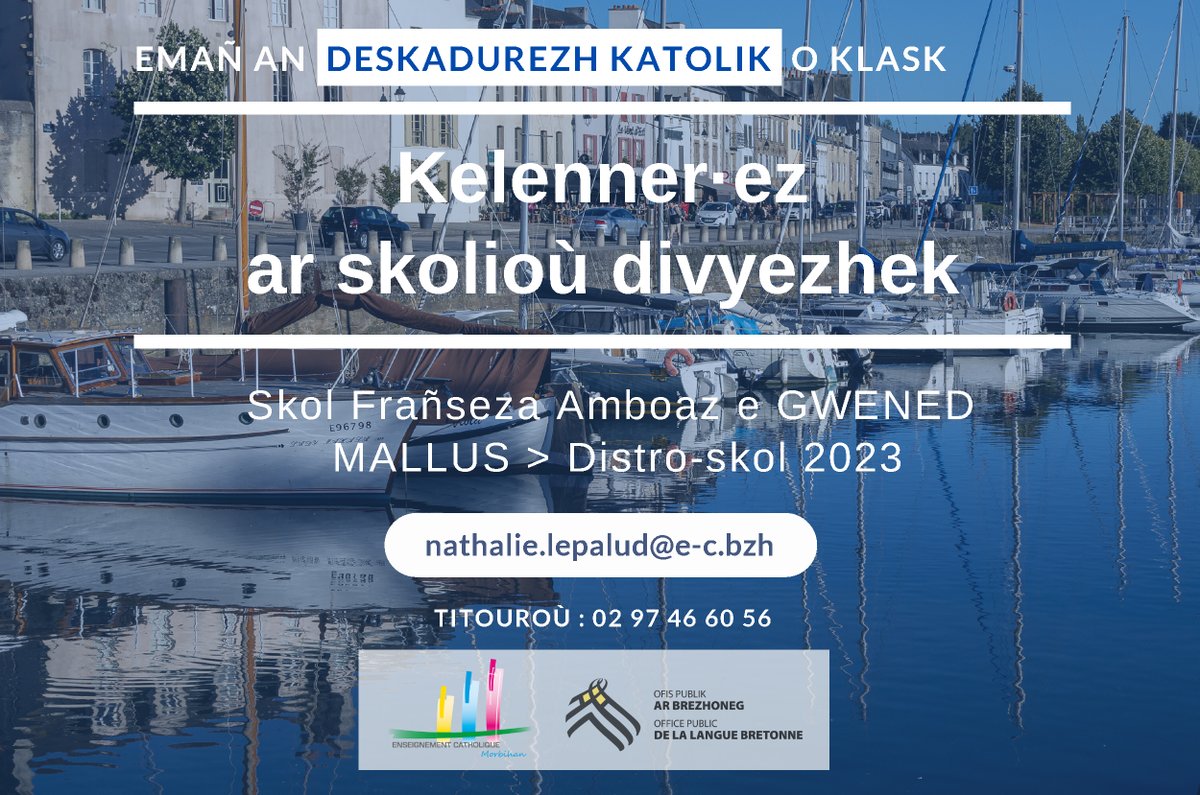 [MALLUS] Emañ an Deskadurezh katolik <a href="/ddec56/">EC Morbihan</a> o klask Kelenner·ez ar skolioù divyezhek evit an distro-skol e #Gwened. Titouroù : brezhoneg.bzh/Offre_emploi/1… #brezhoneg #bzhg