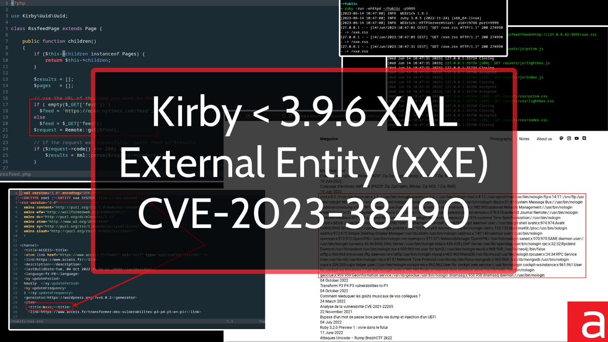 Our pentester <a href="/noraj_rawsec/">noraj</a> has discovered a #XXE vulnerability (CVE-2023-38490) in the Kirby #CMS.

Exploitation demonstration: github.com/Acceis/exploit…

In-depth article: acceis.fr/kirby-3-9-6-xm…
