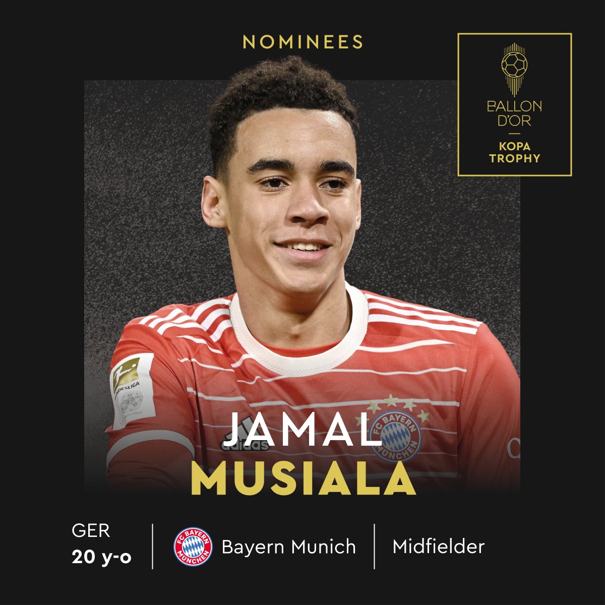 ballondor's tweet photo. Nominated for the 2023 Kopa Trophy  

@JamalMusiala 
@FCBayern 
@DFB_Team  

#trophéekopa #ballondor https://t.co/rbMGYUew4W