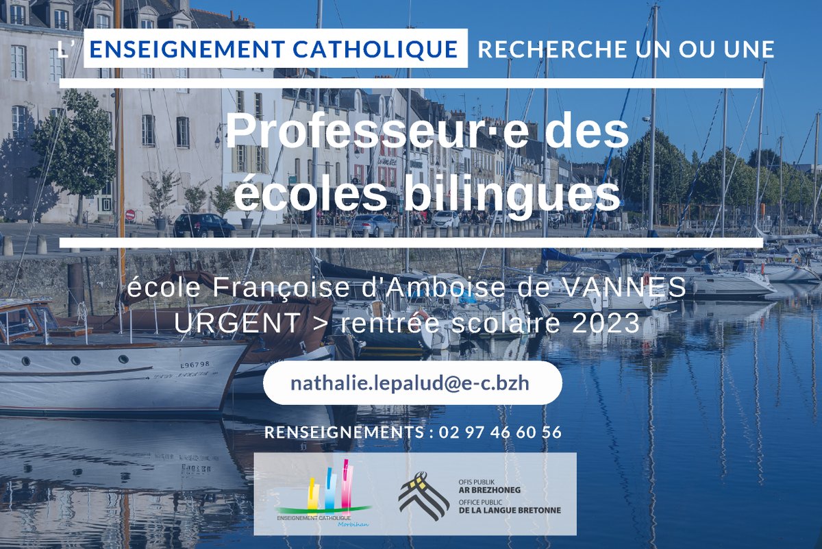 <a href="/ddec56/">EC Morbihan</a> [URGENT] L'Enseignement catholique du #Morbihan recherche un ou une professeur·e des écoles bilingues pour la rentrée 2023 à #Vannes.  Plus d'informations sur : fr.brezhoneg.bzh/Offre_emploi/1… #breton #bzh
