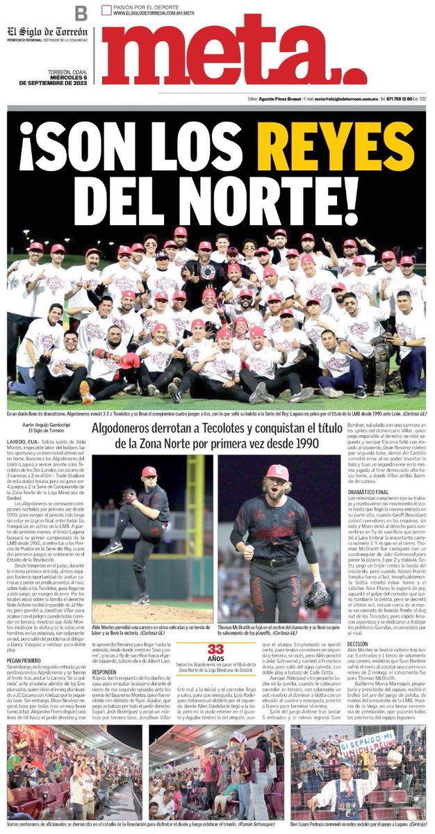 La mejor portada de esta mañana...
#PortadaSPORT 🗞️ #Miercoles 08/09/23 #TRC #Meta <a href="/AlgodonerosUL/">Algodoneros Unión Laguna</a> #YoCreoEnTi 🙌🏻