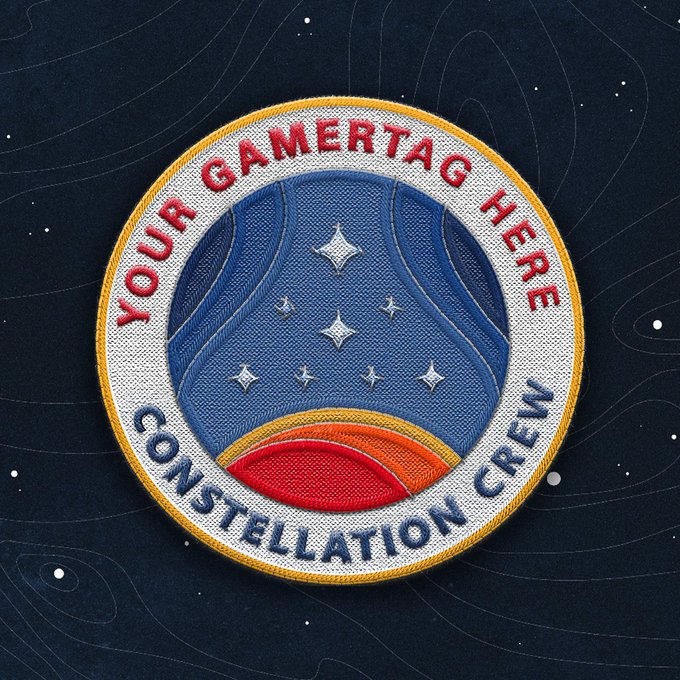Image of a custom Starfield-themed mission patch to be used as a profile picture. Text reads: "YOUR GAMERTAG HERE | CONSTELLATION CREW"