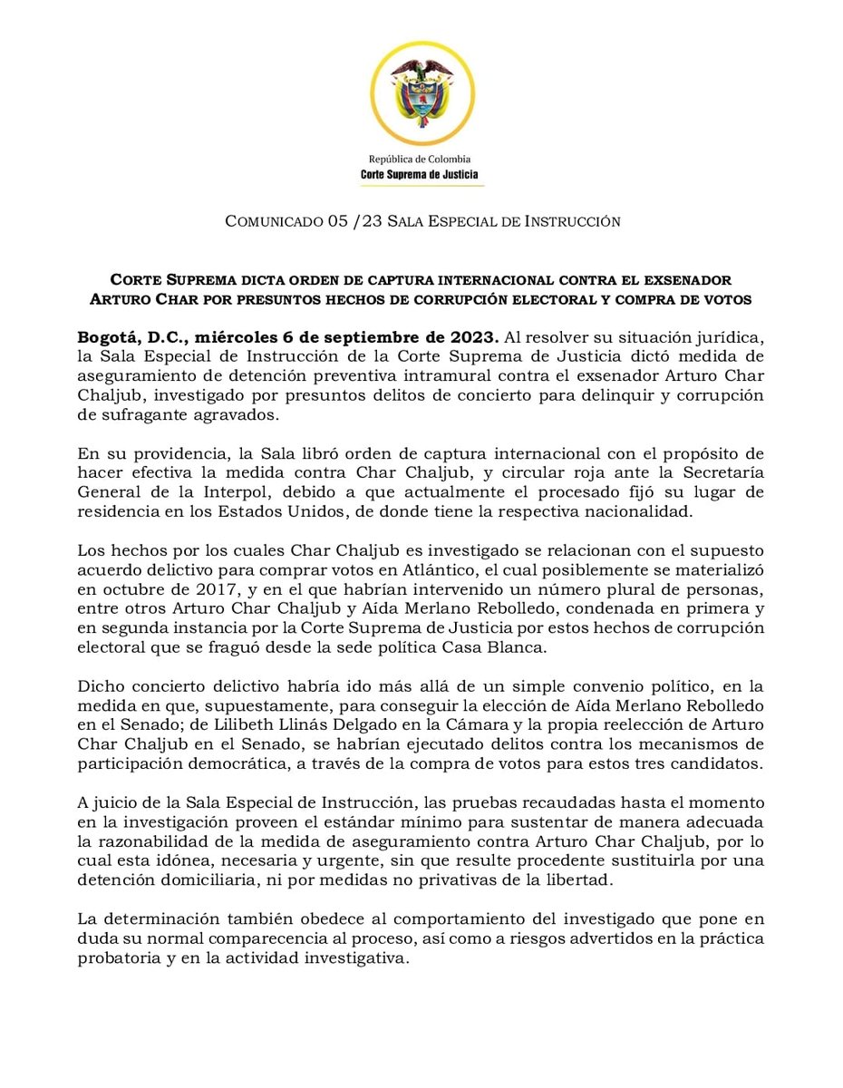 CorteSupremaJ's tweet photo. .@CorteSupremaJ dicta orden de captura internacional contra el exsenador Arturo Char (@ArturoCharC) por los presuntos delitos de corrupción electoral y compra de votos. #SalaDeInstrucción impone medida de aseguramiento para garantizar integridad del proceso investigativo. https://t.co/nYUWMCfXl6