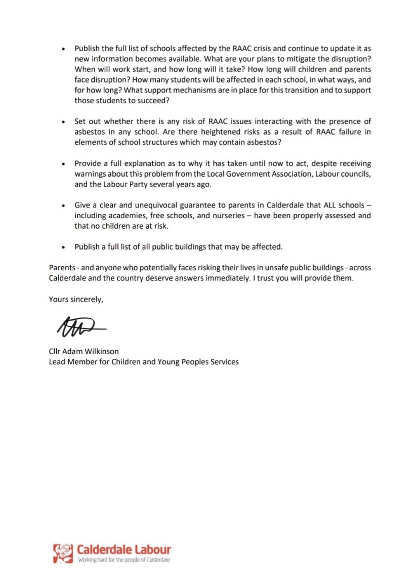 Despite todays release of a list of schools affected by crumbling concrete, we still do not have total clarity on whether any Calderdale schools are at risk. I have therefore written to the Secretary of State calling for answers. More here: calderdalelabour.org.uk/2023/09/06/cal…