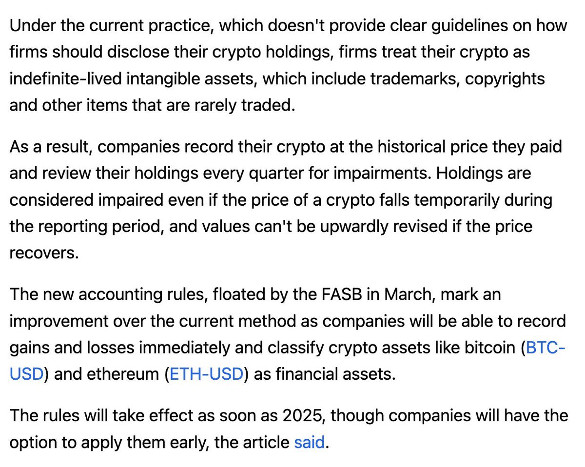 This is game-changing. 🚨

Previously, it were almost impossible for corporations to hold crypto. 

Soon, they will be able to utilise fair-value accounting methods. 

This will make it MUCH easier for corporations to add $BTC and $ETH to their balance sheet.