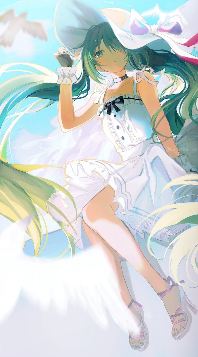 hatsune miku 1girl hat dress long hair solo white dress very long hair  illustration images